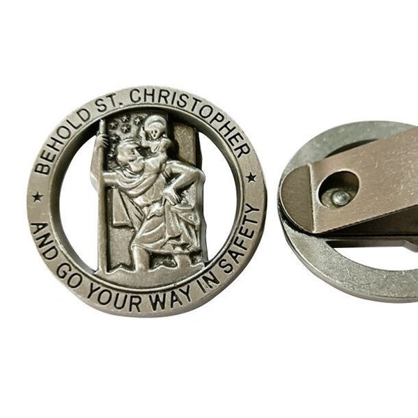 Saint Christopher Car Sun Visor Clip Catholic Saint Patron Saint of Travelers Drivers Police Officers and Soldiers Medal Silver