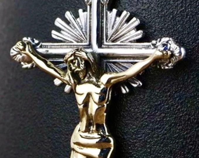 Solid Sterling Silver Ascension Cross Crucifix S925 Old World in Silver Gold Necklace Catholic Orthodox Jesus