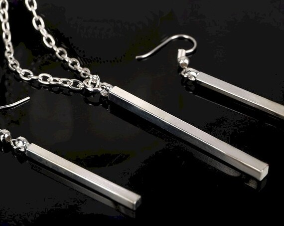Silver Dainty Mini Vertical Bar Stud Earrings Necklace Square Dangle Earrings Jewelry Set for Woman Christian Jewelry Store Jewellery Girls