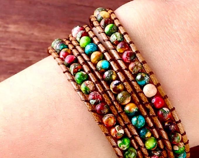 Rainbow 3 Row Wrap Bracelet Natural Colorful Beads SouthWest Boho Bohemian Yoga Leather Jewelry for Women Girls Jewelry