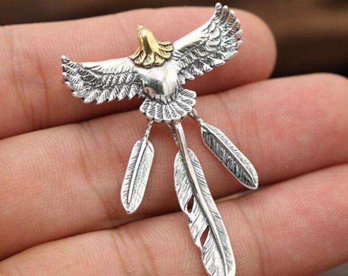 Solid Sterling Silver Western Bald Eagle Pendant Feather Detail Engraved Necklace Biker Box Chain Mens Jewelry Jewellery