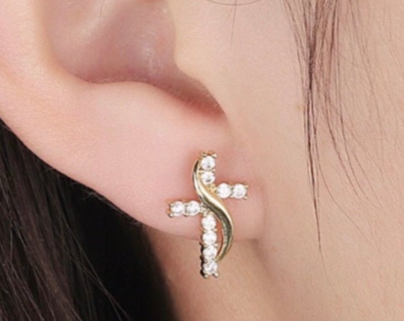 Gold Infinity Stud Cross Earring Zircon CZ Tiny Crosses Small for Women Girls Weddings jewellery jewelry
