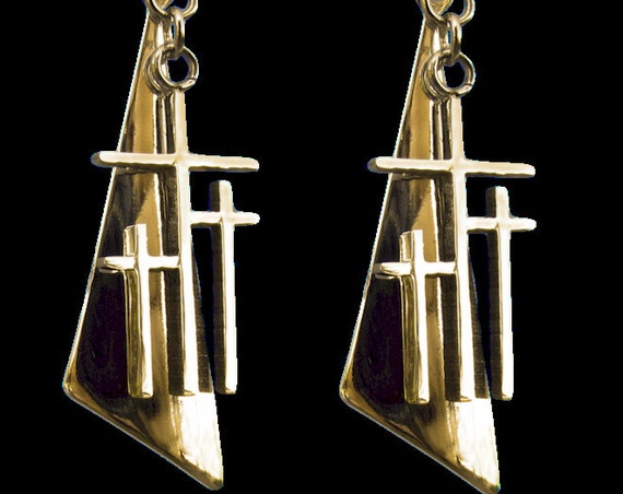 Earrings 3 Crosses Gold Calvary Triple Cross Triangle Back Drop Dangle Womans Modern Christian Jewelry Jewellery