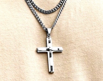 Double Curb Chain Cross Necklace Heavy Prayer Cross Waterproof Super Thick Heavy 2 Chain Design Pendant for Mens Boys Christian Jewelry
