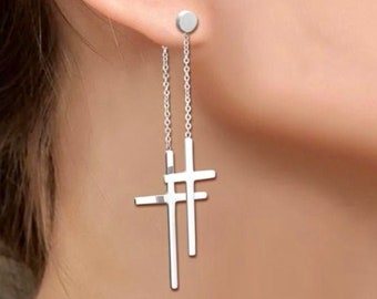 Cross Earrings Double Tassel Double Chain Cross of Jesus Jewelry Woman Girls