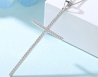 Solid Sterling Silver Long Thin Cross Necklace CZ S952 Elegant Slender Design Cross with Zircons Wedding Jewelry for Women Girls