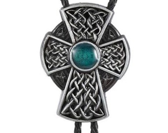 Celtic cross bolo western cowboy crucifix red green stone necklace silver black draw string suit tie cord square dance western wear belt