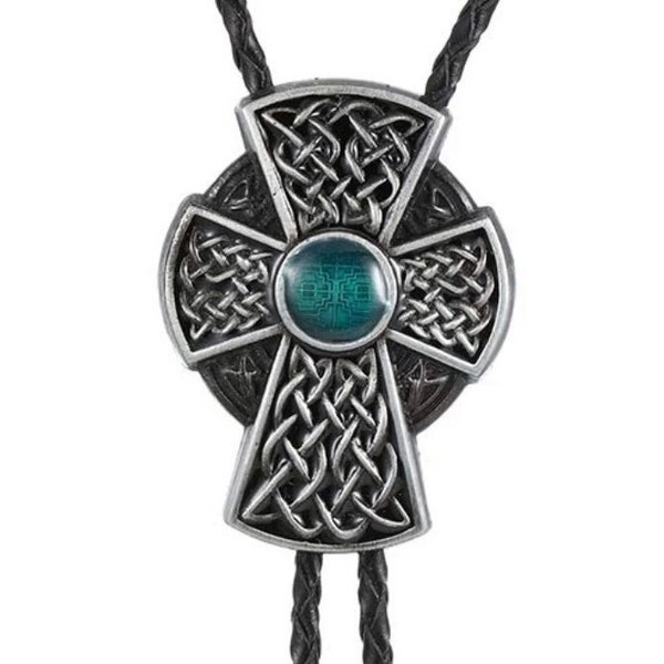 Celtic cross bolo western cowboy crucifix red green stone necklace silver black draw string suit tie cord square dance western wear belt