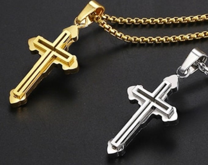 Shadow Box Cross Necklace in a Two Layer Silver or Gold Accent for Men Cast Dog Tag Stainless Steel 2 Color Round Edge Box Chain Jesus