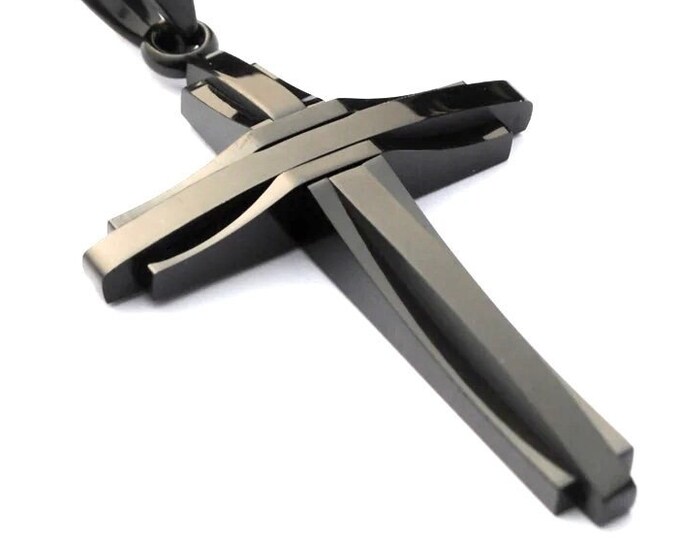 Gold Cross Mens Necklace Black 3 Layer Bars Boys Waterproof Stainless Steel Wheat Chain Catholic Crucifix Christ Orthodox Jesus