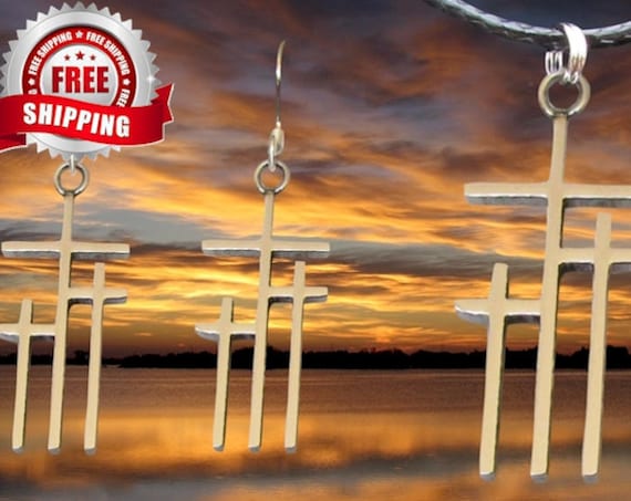 Silver Gold Calvary Three Crosses Earrings Necklace Pendant Womens Girls Christian Jewelry Crosses on Calvary Triple 3 Cross