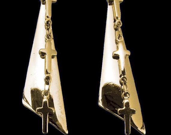 Silver Gold Tiny 3 Cross & Triangle Earrings Drop Dangle Womans Girls Punk Hip Hop Stainless Steel Christian Jewelry