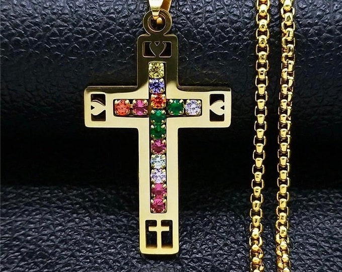 Gold Multi Color Stone Cross Necklace Pendant CZ Crosses Small for Women Girls Best Price Weddings Bridesmaid jewellery jewelry