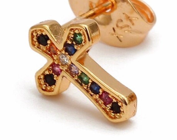 Cross Earring Dainty Rainbow Stud Multi Color CZ Crosses Small for Women Girls Best Price Weddings Cheapest Bridesmaid jewellery jewelry