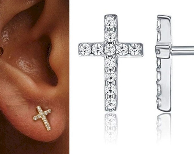 Sterling Silver Cross Earrings Stud Super Tiny Dainty Petite with Crystal Inlayed Zircon CZ Wedding for Girls jewelry bridesmaids jewellery