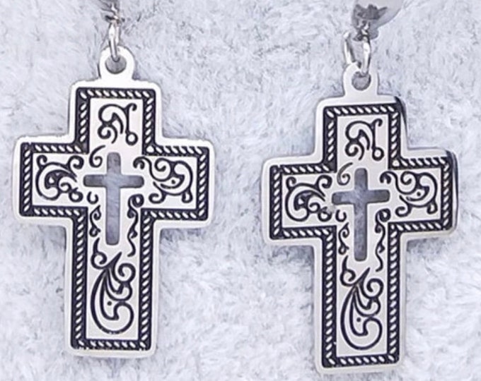 Silver Cross Dangle Earrings Etched Long Cut Hollow Cross for Women Girls Drop Cross of Jesus Jewelry Jewellery