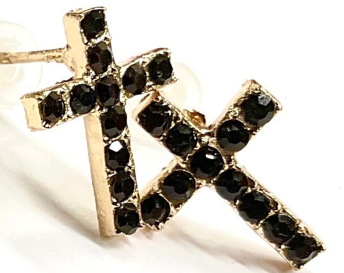 Dainty Black Crystal Cross Earrings Gold Base Petite Stud Small Dainty Posts Inlaid Black Crystals Wedding jewelry bridesmaids