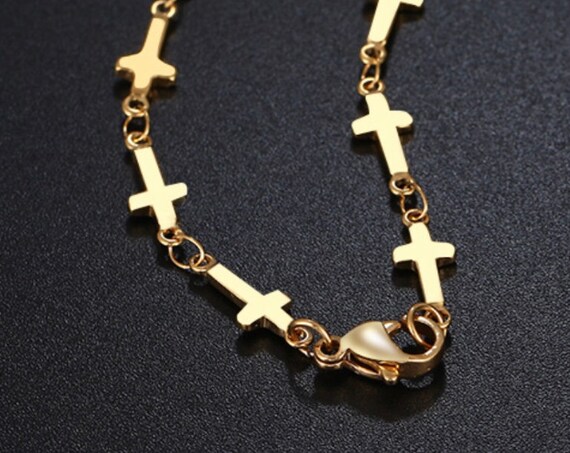 Sideways Cross Tiny Cross Chain Bracelet Necklace Earrings Small Crosses Chain for Women Girls Meaning of the Horizontal Cross Jewelry