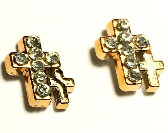Rose Gold Double Cross Earring Minute Size Dainty Sparkling Rhinestones Modern jewellery for Woman Girls Christian Jewelry for young girls