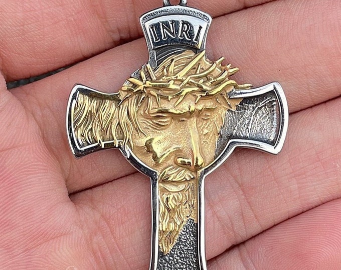 Crucifix Full Gold Crown of Thorns Cross Gold Saviors Face of Jesus Necklace Waterproof Hypoallergenic Stainless Steel Headdress Catholic