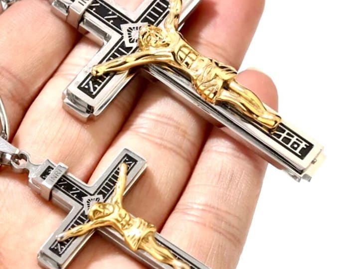 Large gothic crucifix cross necklace for men silver and gold heavy stainless steel waterproof thick curb chain jewellry INRI Jesus