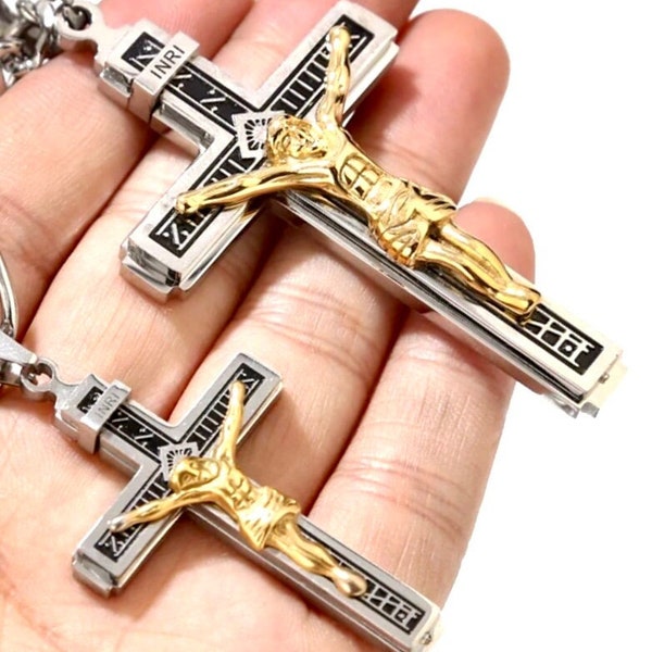 Large gothic crucifix cross necklace for men silver and gold heavy stainless steel waterproof thick curb chain jewellry INRI Jesus