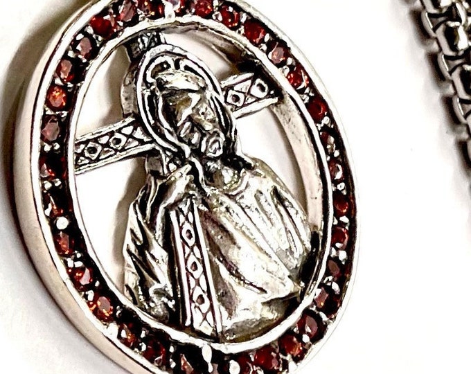 Solid Sterling Silver Crucifix Necklace Jesus 14 stations carrying the Cross Via Dolorosa way of sorrow Red Zircons S925 heirloom catholic