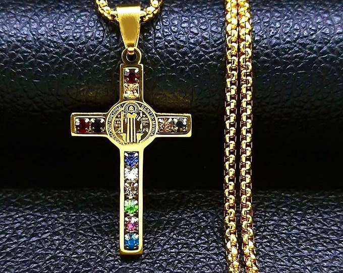 Gold Benedictine Cross Catholic Necklace Pendant Multi Color CZ Crosses for Women Girls Weddings Bridesmaid jewelry Religiou San Benito