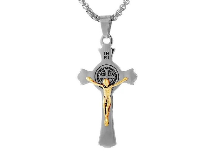 Light Weight Crucifix Cross Saint Benedict Medal Catholic Orthodox Wheat Chain Necklace for Men Gold Black hip hop Jesus Religiou San Benito