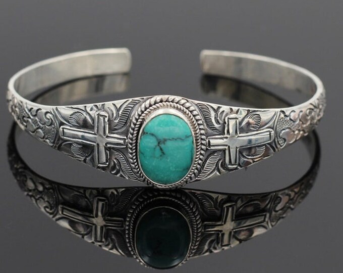 Light Weight Silver Cross and Turquoise Stone Bracelet with Stamped Bohemian Trim Bird Large Bangle Cuff Jewelry for Men