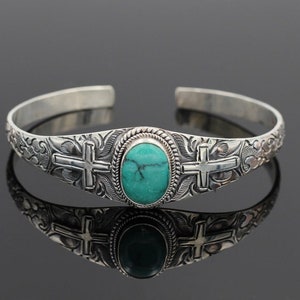 Light weight silver cross and turquoise stone bracelet with stamped bohemian trim large bangle cuff jewelry for men man