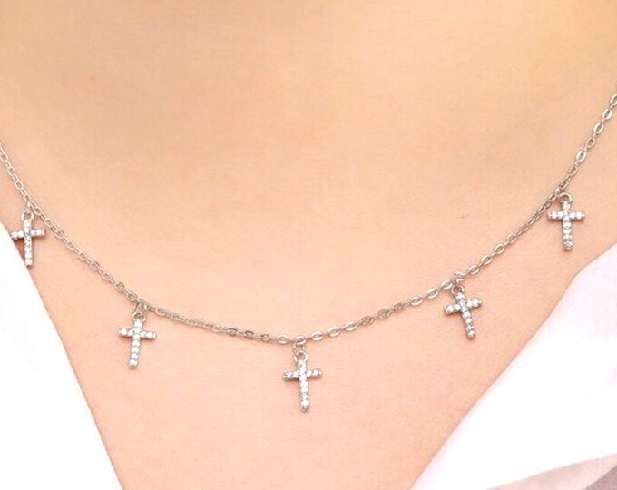 Multi Cross Silver Gold Tiny 5 Cross Necklace and Earrings Cross Chain Small choker Women Girls Meaning of the Horizontal Cross