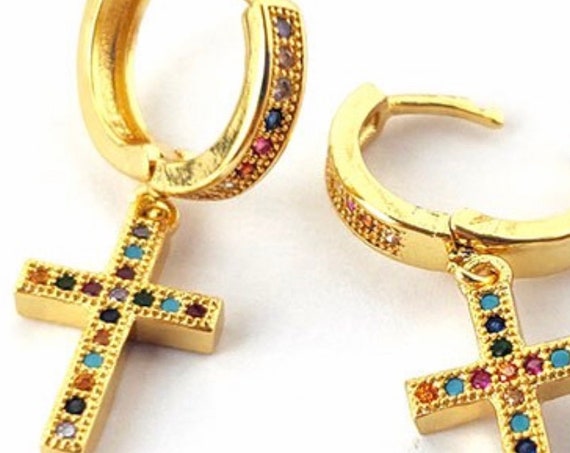Rainbow Stud Cross Dangle Earring Multi Color CZ Crosses Small for Women Girls Best Price Weddings Cheapest Bridesmaid jewellery jewelry