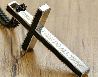 Black Inlay Silver Cross Necklaces for Men Super Thick I Can Do All Things Philippians 4:13 Stainless Steel Cross and Black Curb Chain