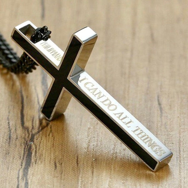 Black Inlay Silver Cross Necklaces for Men Super Thick I Can Do All Things Philippians 4:13 Stainless Steel Cross and Black Curb Chain