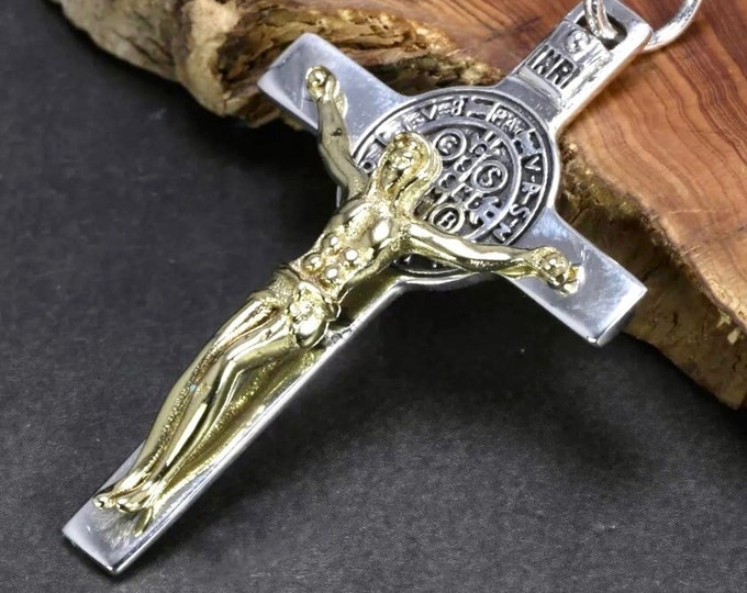 Solid Sterling Saint Benedict Cross Silver Gold Crucifix of Jesus Christ S925 Necklace Men Women Catholic Orthodox Religiou San Benito
