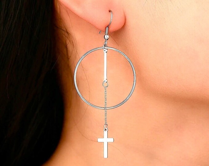 Silver Chain and Hoop Cross Earrings Long Drop Chain Cross Dangle Hippie Bohemian of Jesus Jewelry for Men