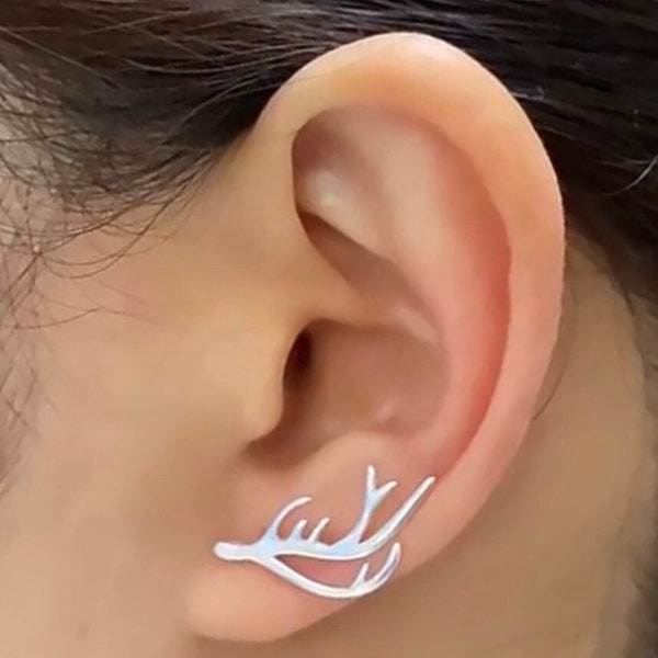 Silver Elk Deer Antlers Earrings Sideways Stud Hikers Wanderlust Bikers Minimalist Stainless Steel Hypoallergenic Outdoor Enthusiasts