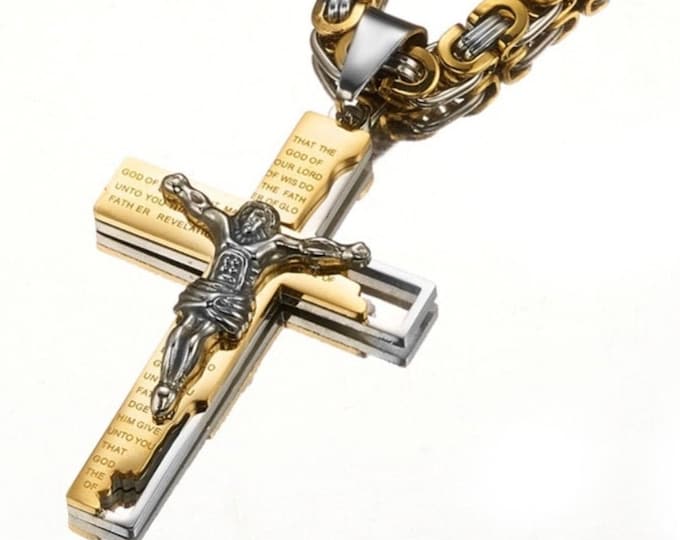 Crucifix Cross Prayer Ephesians 1:17 Cut Out Our Father hip hop Men Orthodox Byzantine Chain Silver Gold Waterproof Stainless Steel