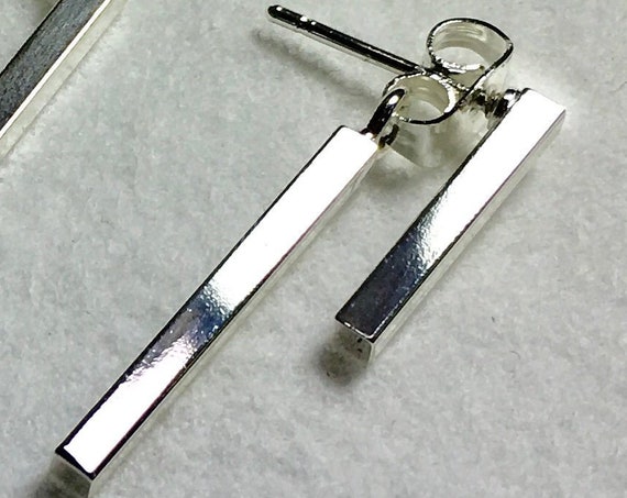 Silver Fashion Double Square Bar Post Front Back Earrings Jewelry Womans Girls