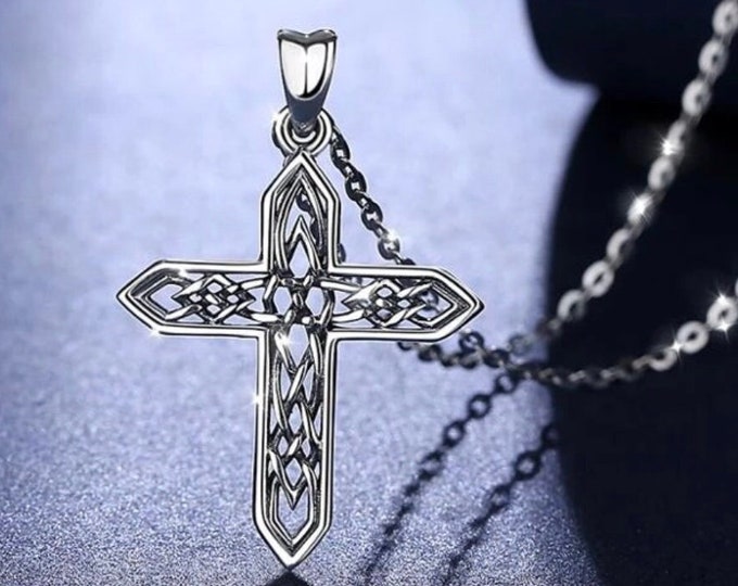 Irish Celtic Solid Sterling Silver Cross Necklace S925 Pendant for Women Cast Jewelry link Chain Jewellery for Girls