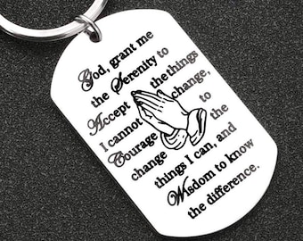 Serenity Prayer Keychain Keyring Inset Lettering Dog Tag Silver Exclusive Design Pendant for Mens Boys Waterproof Jewelry