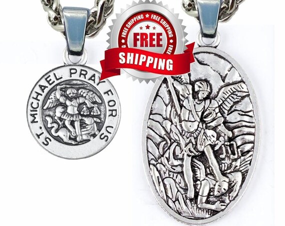 Saint Michael Medal Silver St Michaels Medal Cast Medallion 4mm Braided Stainless Steel Chain Patron Saint Police Officers Soldiers