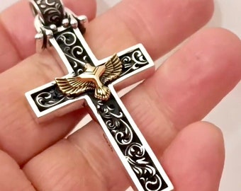Solid Sterling Silver Eagle Cross Necklace Antiqued Western Style S925 Pendant for Men Cast Jewelry Heavy Chain