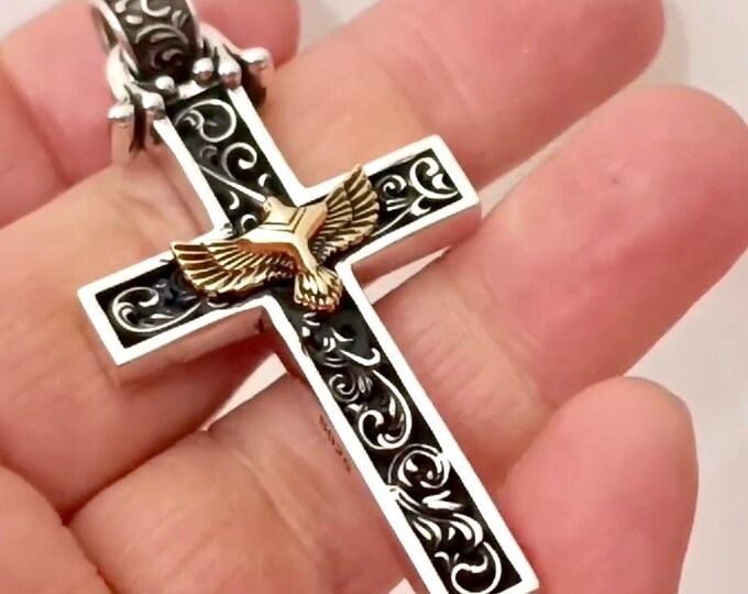 Solid Sterling Silver Eagle Cross Necklace Antiqued Western Style S925 Pendant for Men Cast Jewelry Heavy Chain