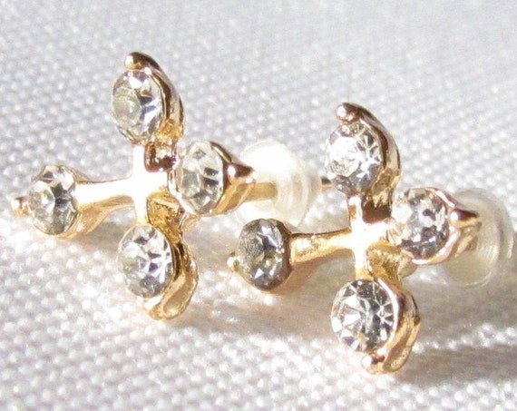 Gold 4 Rhinestone Cross Earrings Dainty Design Over the top elegant jewelry for Weddings Bridesmaids Gifts jewellery for young girls