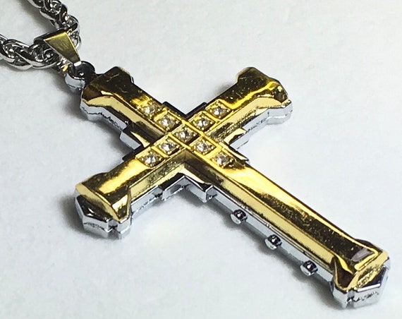 2 Layer Silver Gold Rhinestone Cross with Stainless Steel Chain Christian Jewelry