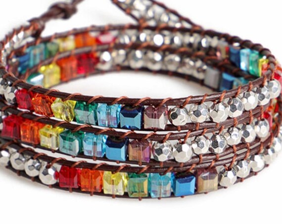 Yoga Bracelet Multi Color Wrap Silver Beads Yoga Shacra Colors Bangle Cuff Brown Leather Boho Hippie Bracelets for Women Men Girls
