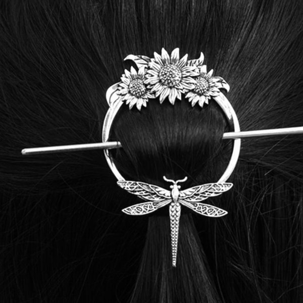 Round Dragonfly Daisy Celtic Hair Barrette Pic Metal Stick Pin Hair Clip Viking hairpin Pullback Silver Braided Hairstyle Hair accessories