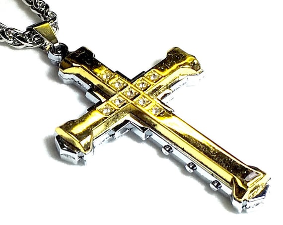 Silver and Gold Cross Necklace for Men Boys Women 2 Layer Silver Gold Rhinestone Stainless Steel Chain Cross Jesus Jewelry Jewellery